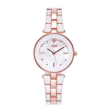 Trendha Ladies Watch with a sleek 30mm dial, screw-down crown, and stainless steel strap in a stylish white and rose gold colour scheme
