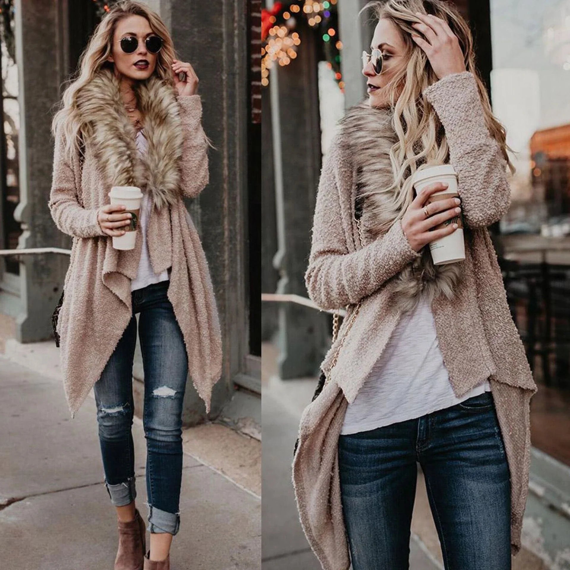 Premium plush trench coat with luxurious fur collar in khaki colour, perfect for transitional British weather