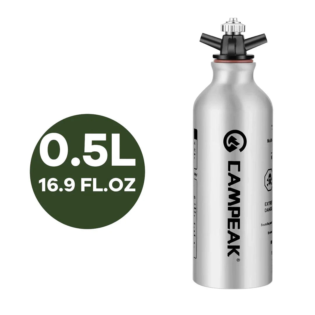 Portable aluminium liquid fuel storage bottle with safety cap and venting pipe, perfect for camping, hiking, and outdoor adventures