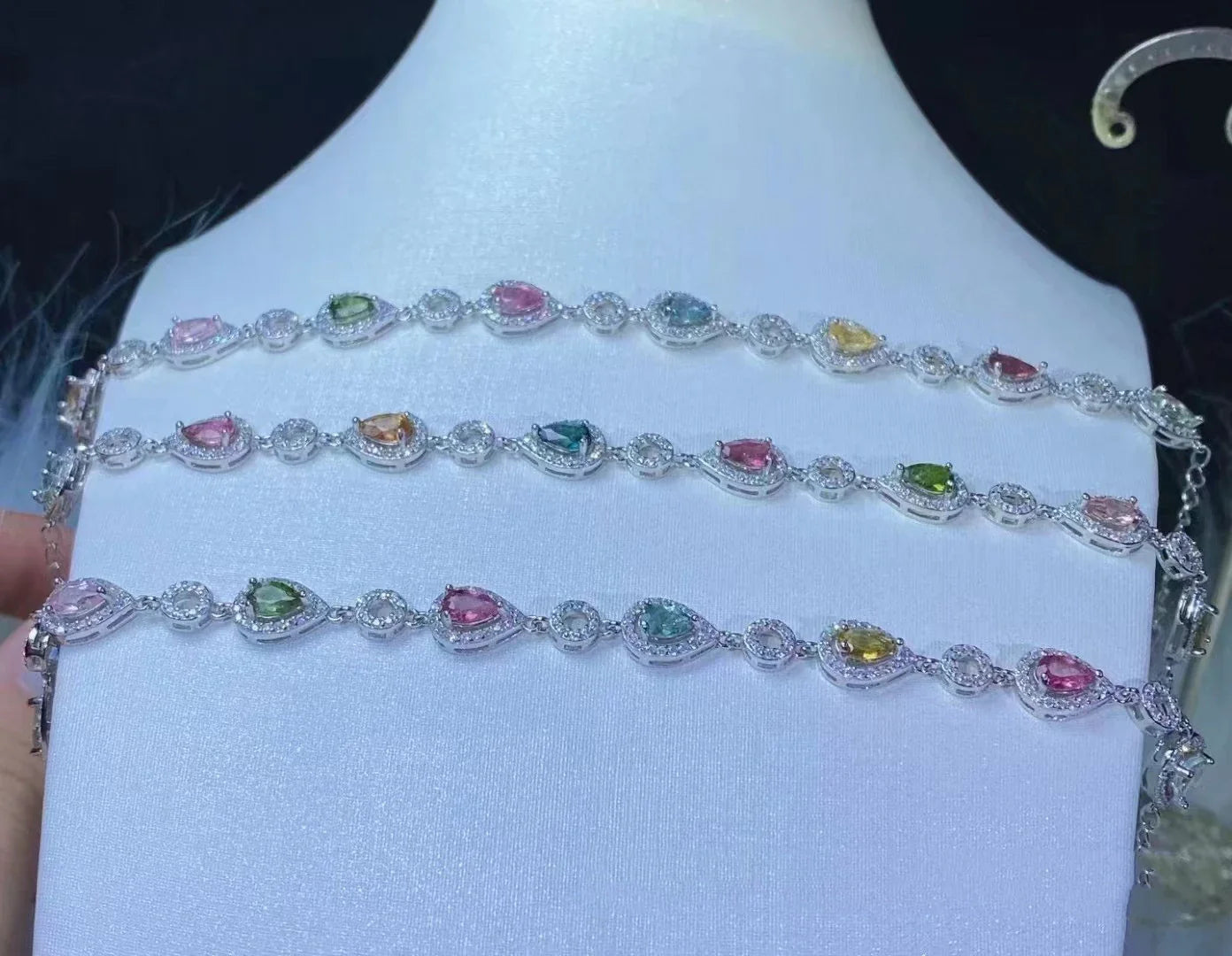 Premium natural tourmaline bracelet with candy-coloured accents and a geometric design