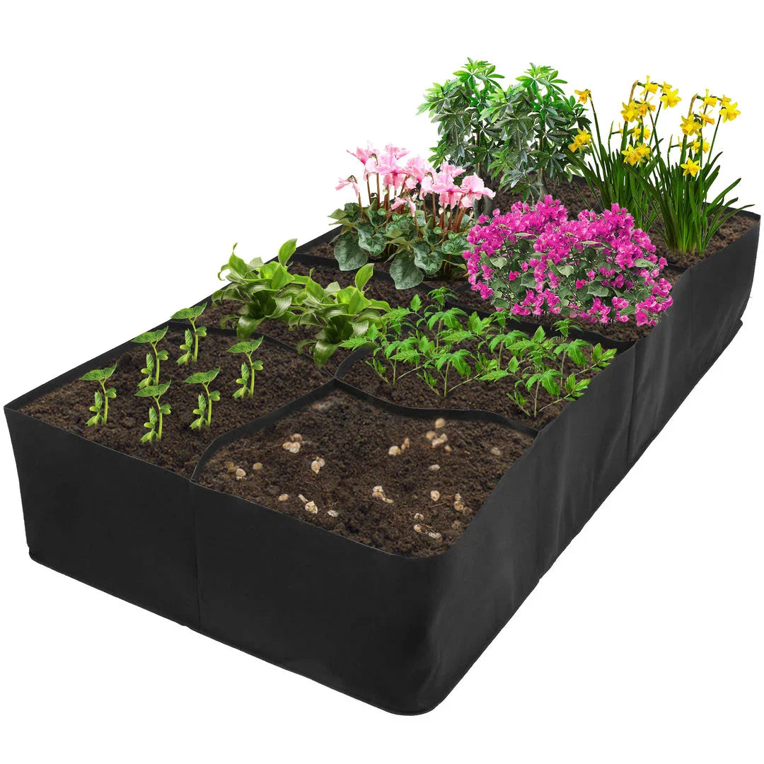 Modular felt raised garden beds with adjustable grid system for growing a variety of plants in small spaces