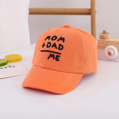 Adjustable cotton sun hat for kids with 'MOM+DAD=ME' embroidery, offering UV protection and breathable comfort