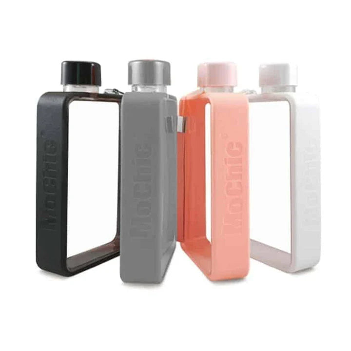 A premium, flat-shaped water bottle with a carry bag, available in multiple colours for eco-friendly hydration on the go.