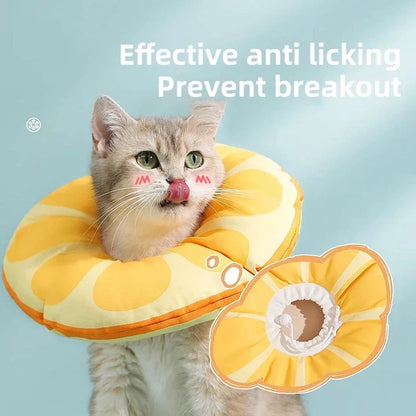 A vibrant orange fruit-shaped recovery collar for cats, designed to protect and comfort your pet during their healing process.