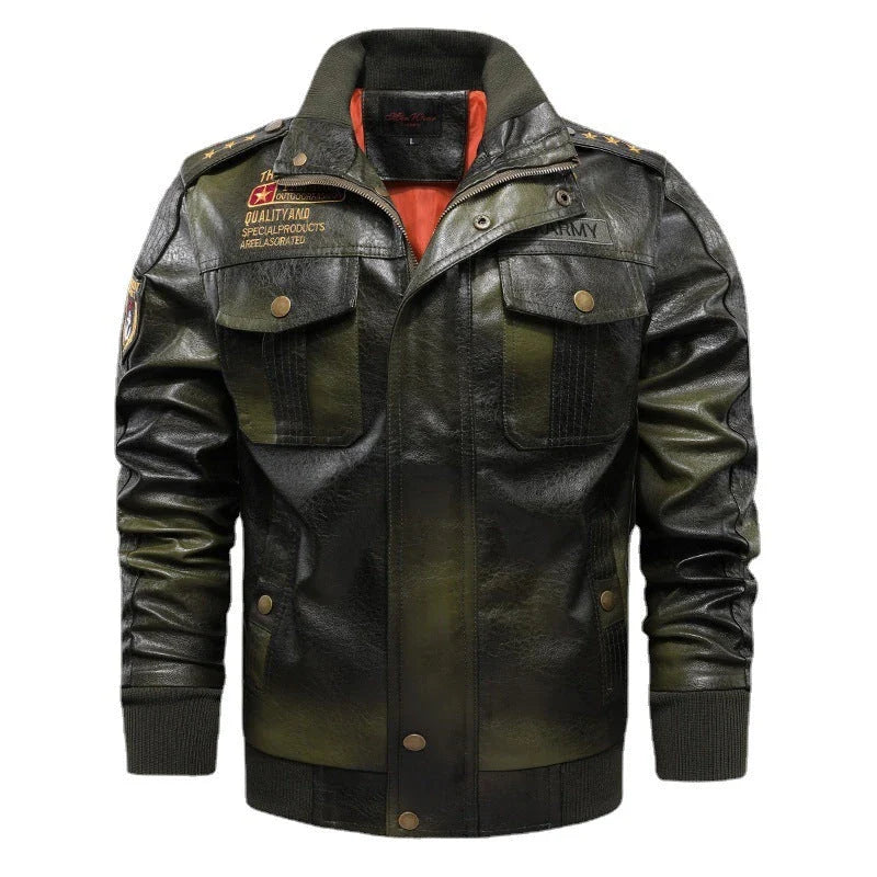 Premium leather jacket for men in slim-fit and short style with stand-up collar and multiple pockets