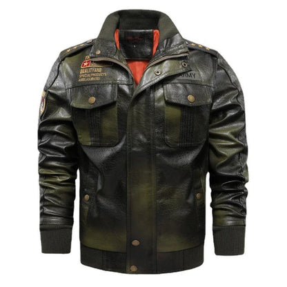 Premium leather jacket for men in slim-fit and short style with stand-up collar and multiple pockets