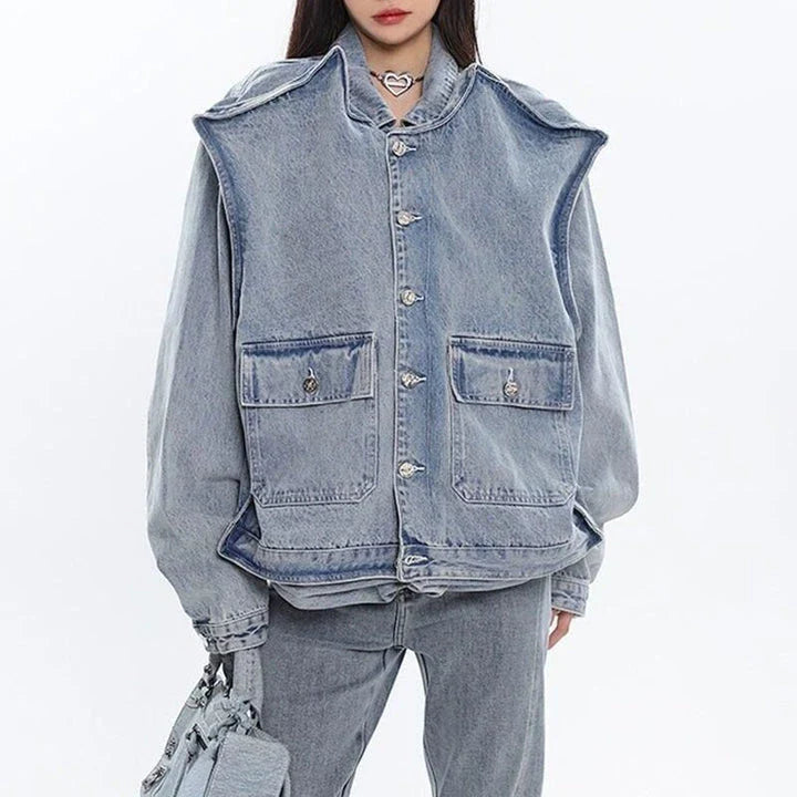 A stylish patchwork denim jacket with a relaxed fit, made from a blend of polyester and cotton for comfort and durability.