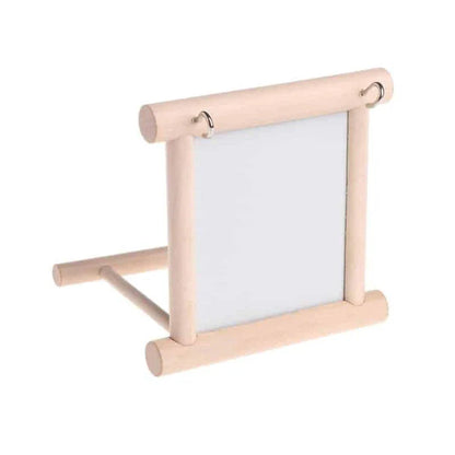 Premium bird mirror toy with sturdy wooden perch, designed to captivate and entertain your feathered friend