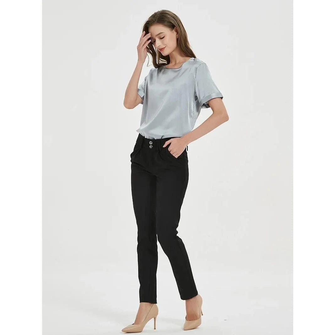 Elegant navy silk t-shirt with a classic, versatile design for the modern British woman's summer wardrobe