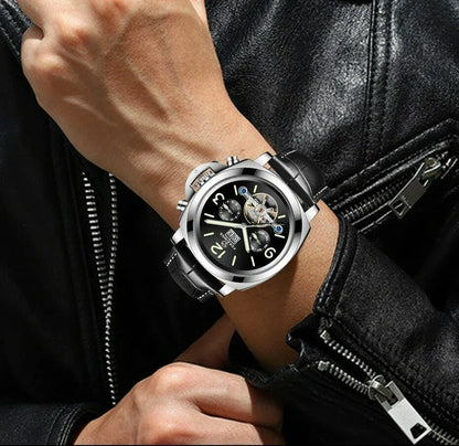 Automatic luminous skeleton watch with stainless steel case and genuine leather strap for men