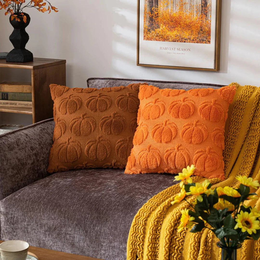 Cosy autumn pumpkin cushion cover made from luxurious faux fur, featuring a charming farmhouse-inspired design.