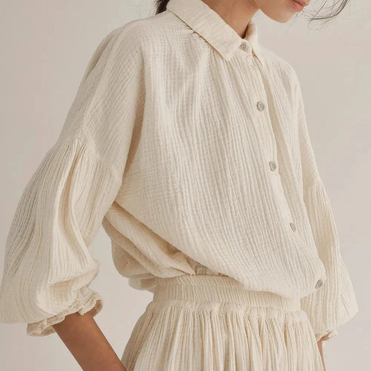 Elegant lantern sleeve shirt and chic skirt two piece set in 100% cotton gauze fabric