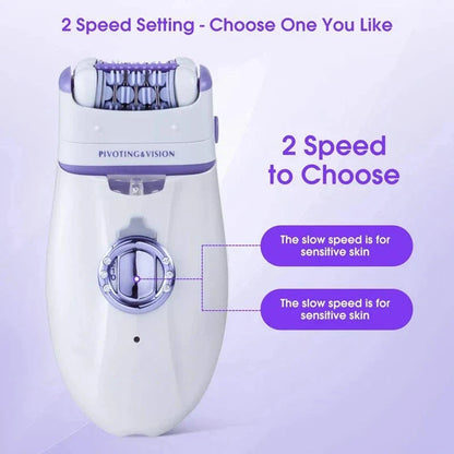 Premium 3-in-1 electric epilator and shaver for women with carbon steel blades, two speed settings, and built-in LED light for smooth, hair-free skin
