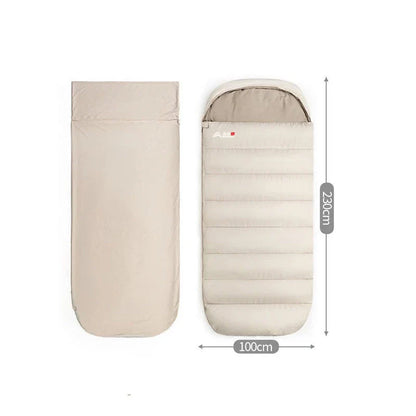 Premium 3-season sleeping bag with spacious design, warm yet breathable fabric, and removable liner for easy cleaning