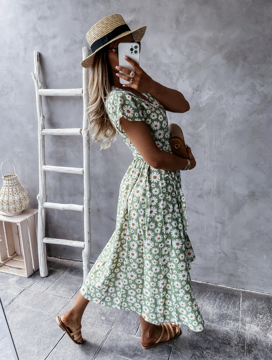 Chic V-Neck Elastic Waist Dress in Pink for a Flattering, Slimming Silhouette