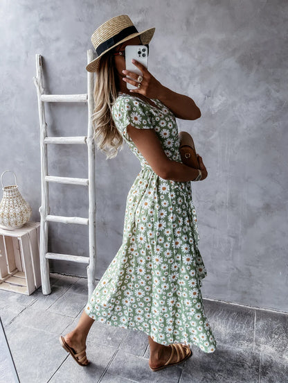 Chic V-Neck Elastic Waist Dress in Pink for a Flattering, Slimming Silhouette