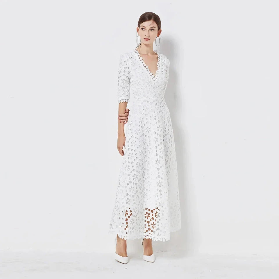 Elegant V-Neck Lace Midi Dress in white with a sophisticated silhouette and stylish details