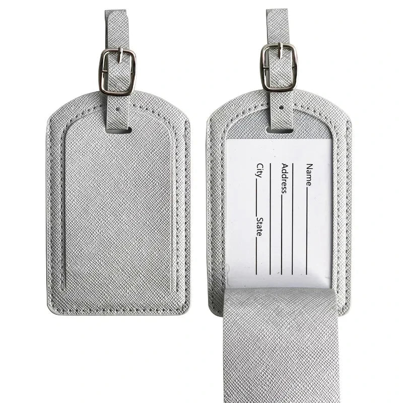 Premium PU leather luggage tag with secure strap and compact design for modern travellers