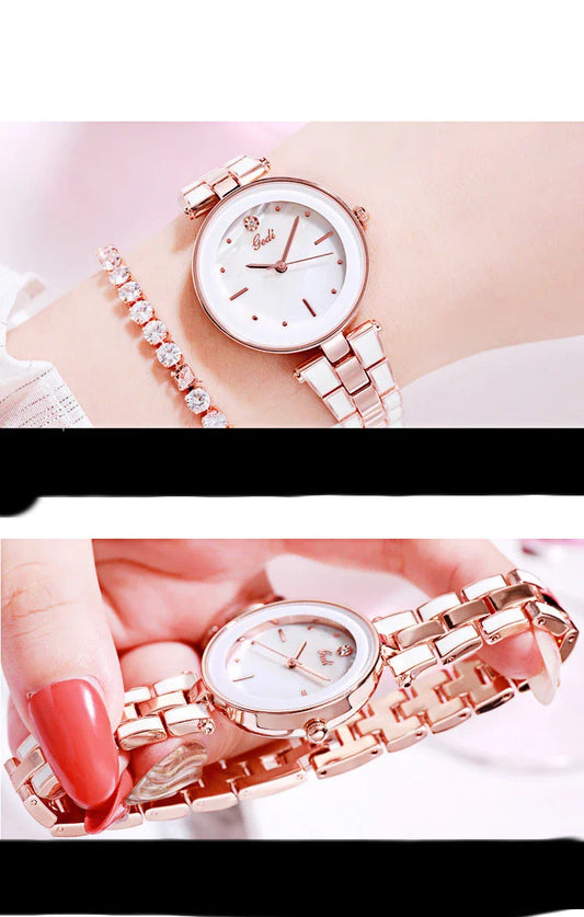 Trendha Ladies Watch with a sleek 30mm dial, screw-down crown, and stainless steel strap in a stylish white and rose gold colour scheme