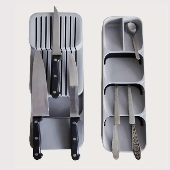 Premium food-grade kitchen cabinet organiser with adjustable trays and compartments for efficient storage of cutlery, spices, and cooking essentials