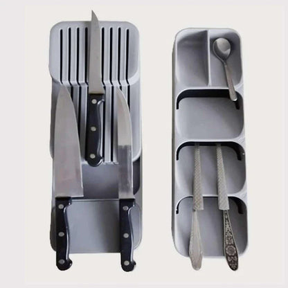Premium food-grade kitchen cabinet organiser with adjustable trays and compartments for efficient storage of cutlery, spices, and cooking essentials
