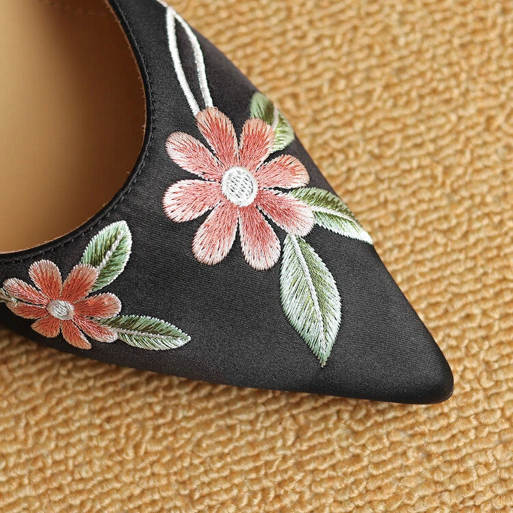 Elegant Embroidered Pointed Toe Sandals with Spike Heels in Black