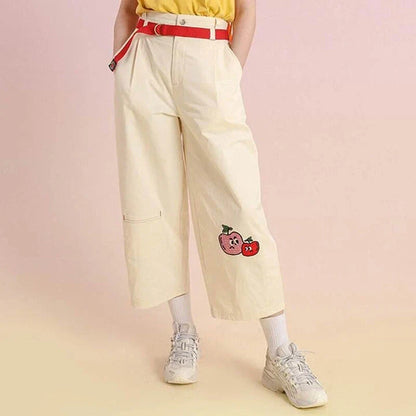 Women's high-waist cotton capri trousers with embroidered fruit designs in a relaxed straight-leg fit