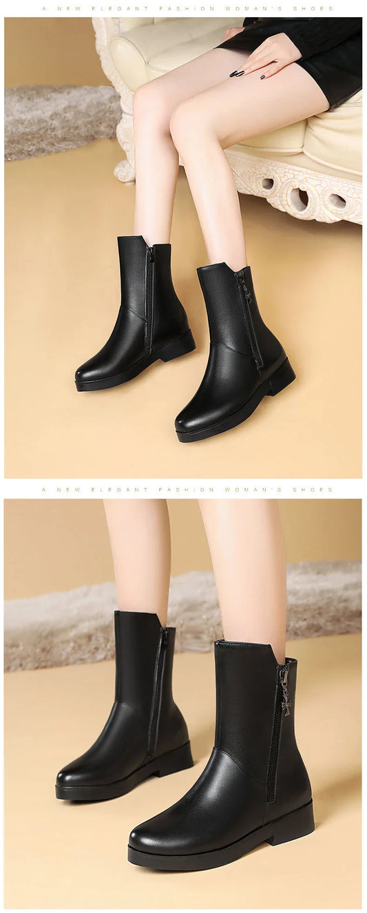 Luxurious black velvet padded ankle boots with thick heels for women, featuring a rounded toe and side zipper closure