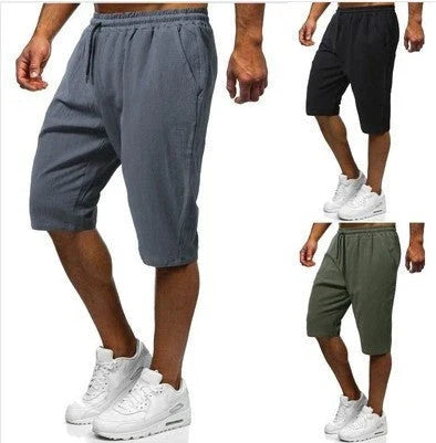 Men's casual linen-cotton cropped trousers in grey, green, and black colours with adjustable drawstring waist and straight-leg silhouette