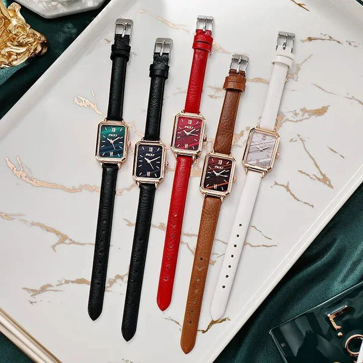 Refined square dial ladies watch with genuine leather strap, minimalist design, and durable aluminium alloy case