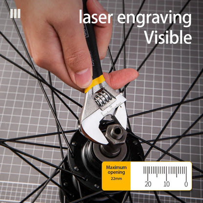 Adjustable stainless steel spanner with PVC handle, featuring a laser-etched scale for precise measurements and a smooth-operating screw nut for easy adjustments.
