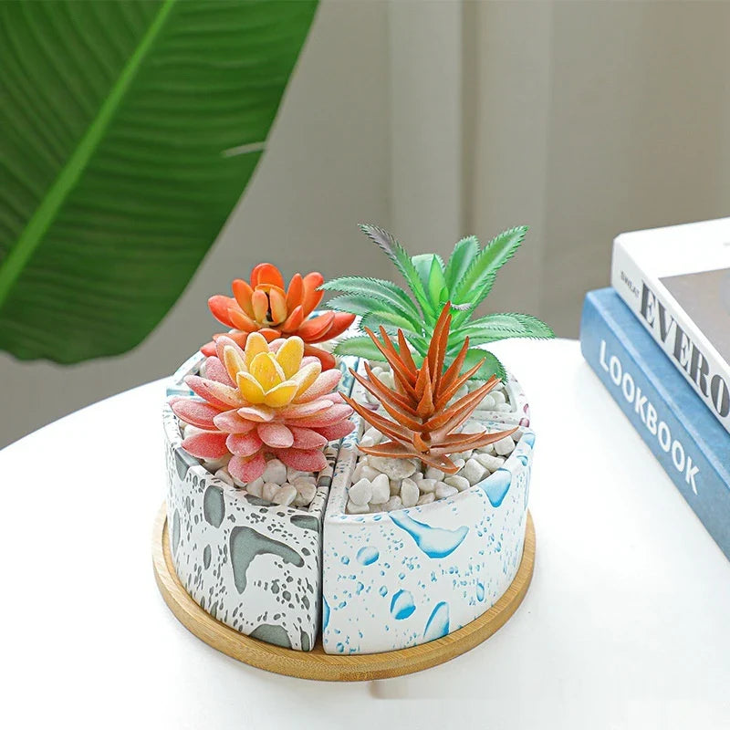 Ceramic succulent planter with bamboo tray, featuring a stylish Nordic-inspired design for indoor greenery