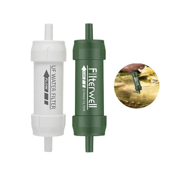 Compact outdoor water purifier straw for safe drinking water during hiking, camping, and emergencies