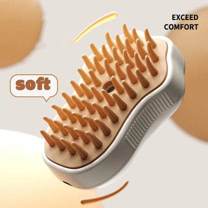 Premium 3-in-1 electric pet grooming tool with steam cleansing technology and soft, rounded bristles for a soothing grooming experience