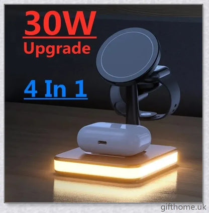 Premium 4-in-1 magnetic wireless charging dock for desks and travel, supporting simultaneous charging of up to 4 devices in black or white