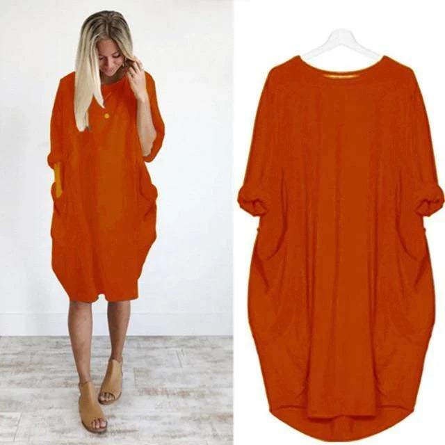Stylish loose maxi dress with swing stitching detail in various colours, including grey, black, army green, and pink.