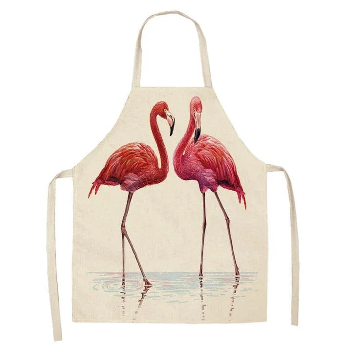 Flamingo Print Apron with Adjustable Neck Strap and Waist Ties, Made of Cotton and Linen Blend