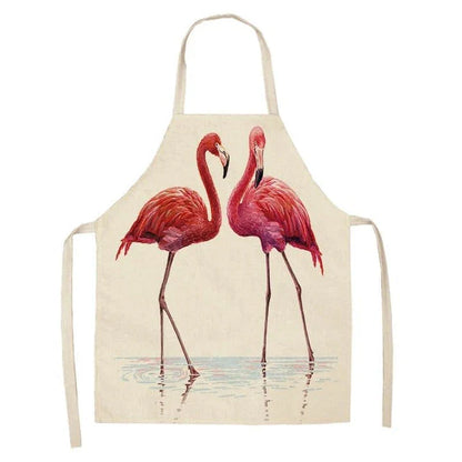 Flamingo Print Apron with Adjustable Neck Strap and Waist Ties, Made of Cotton and Linen Blend