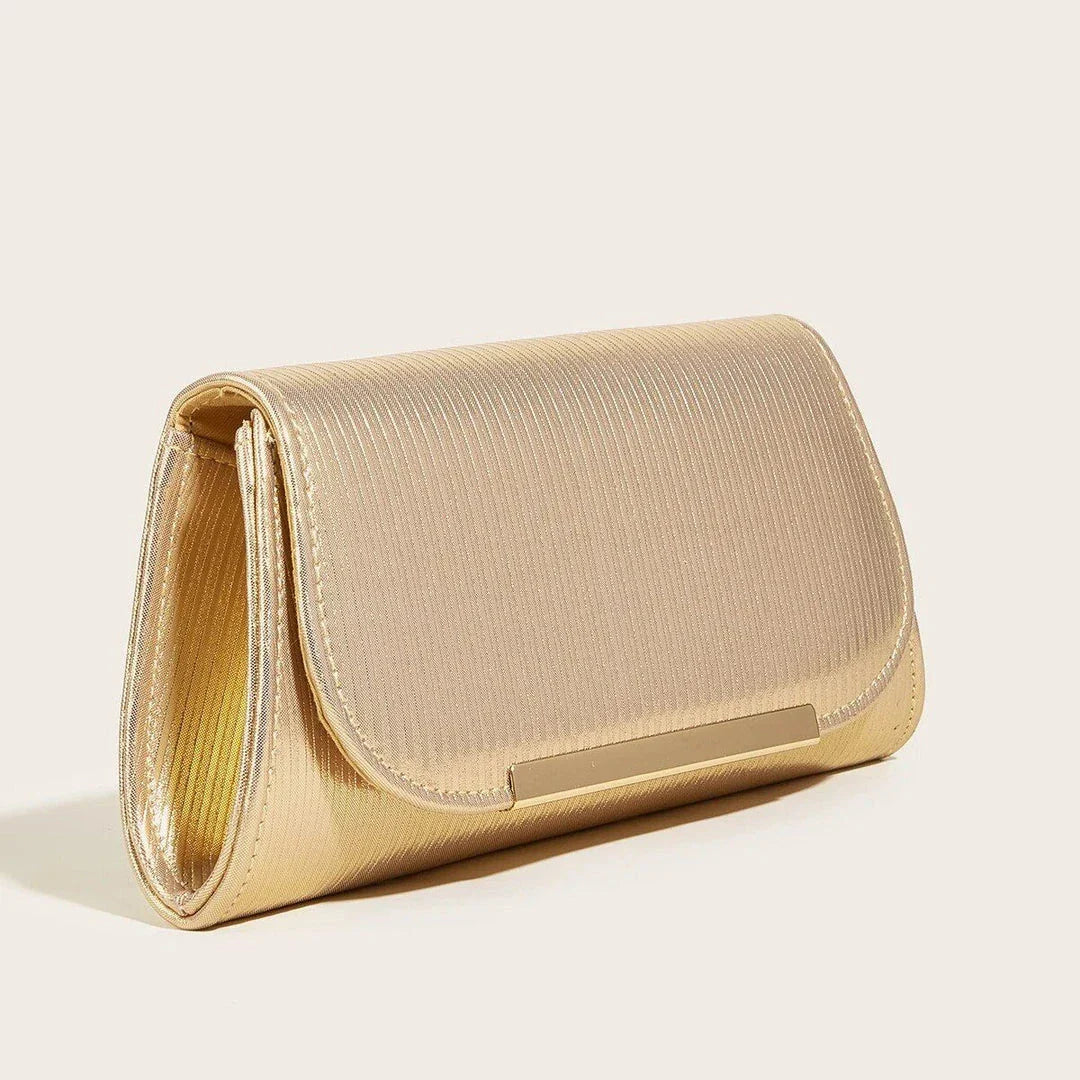 Elegant shiny striped PU leather evening clutch bag with long chain, perfect for formal events and everyday use