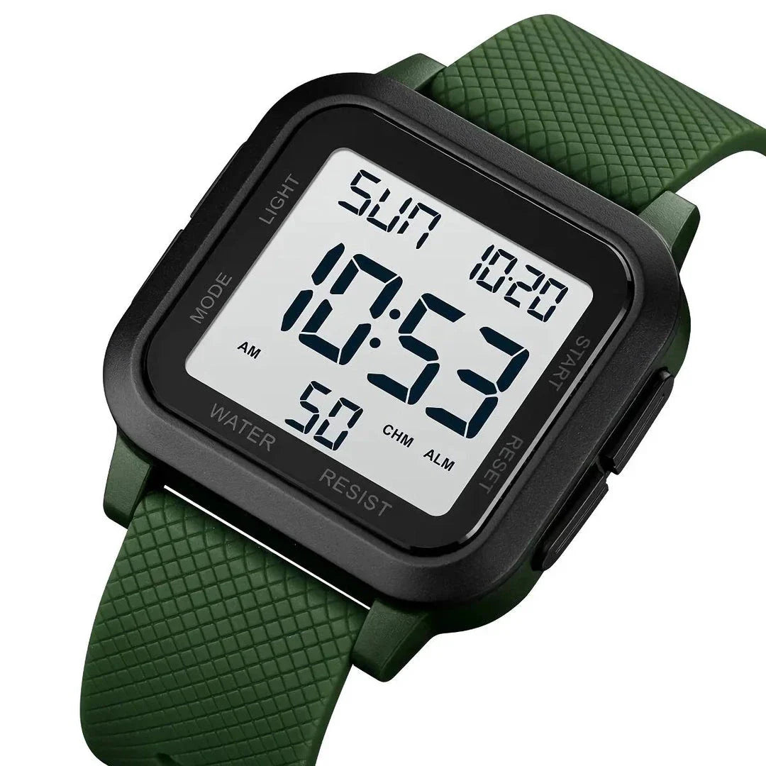 Rugged LED military sports watch with shock-resistant rubber case and tough TPU band, designed for adventurous men in the UK