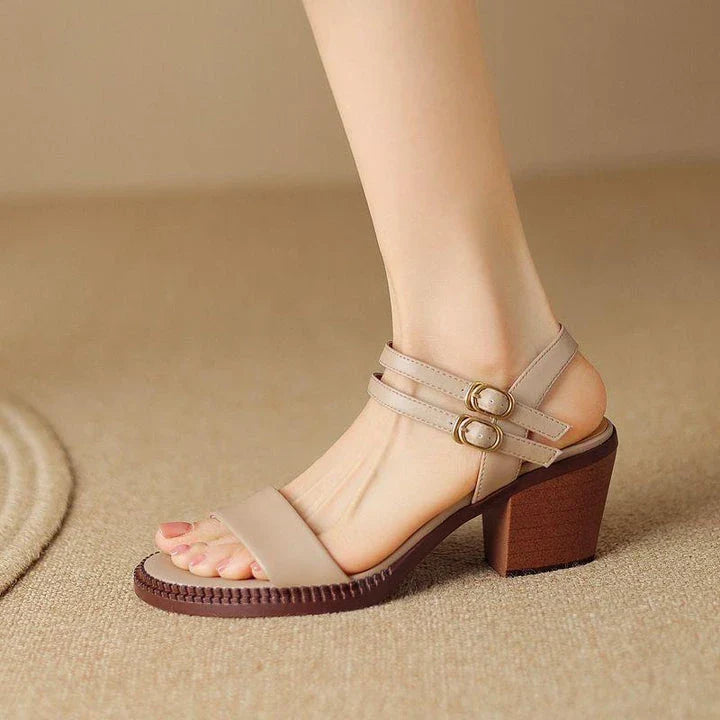 Elegant retro high heel leather sandals in khaki colour, with a sleek design and premium leather construction