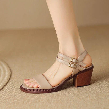 Elegant retro high heel leather sandals in khaki colour, with a sleek design and premium leather construction