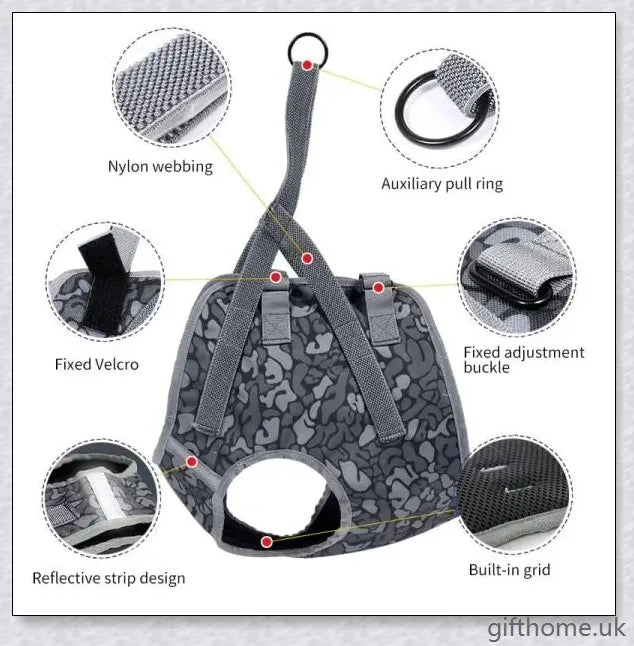 Full Body Supportive Dog Lift Harness with adjustable straps, handle, and leash rings for mobility assistance