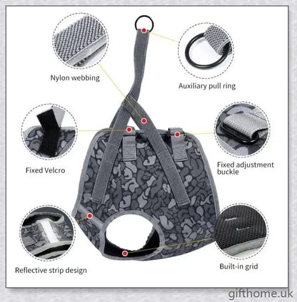 Full Body Supportive Dog Lift Harness with adjustable straps, handle, and leash rings for mobility assistance