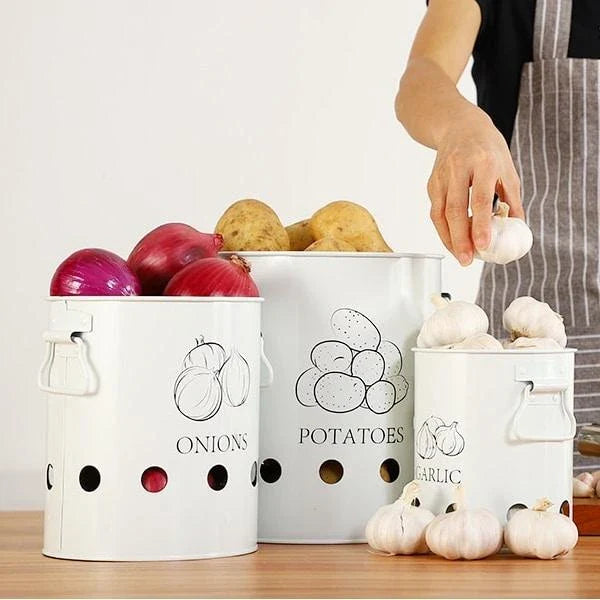 Premium metal storage containers with perforated sides for ventilation and built-in handles for easy transport