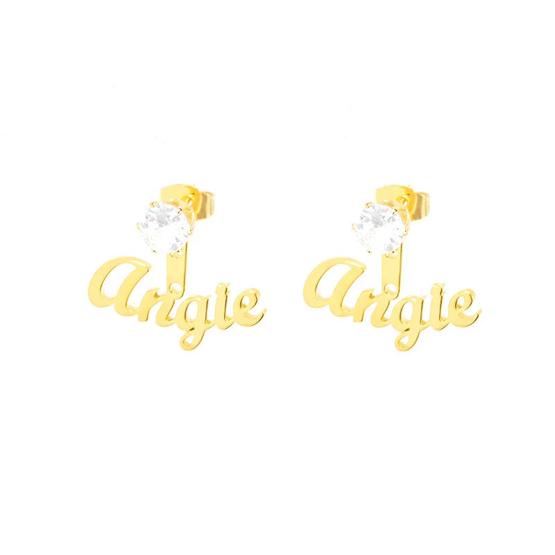 Customised name earrings in various shapes and finishes, including gold and platinum stars, hearts, squares, and rounds