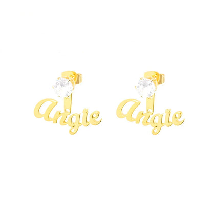 Customised name earrings in various shapes and finishes, including gold and platinum stars, hearts, squares, and rounds