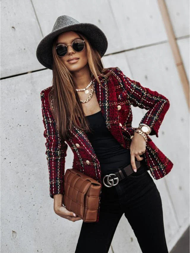 A stylish long sleeve double-breasted printed suit in various colours, including khaki, dark green, wine red, and brown.