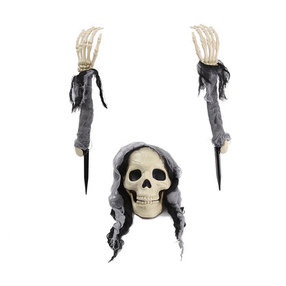 Three decorative plastic skull figures in green, red, and grey colours, perfect for Halloween home decor