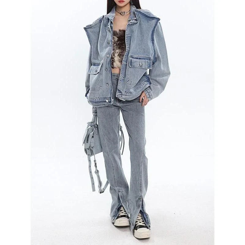 A stylish patchwork denim jacket with a relaxed fit, made from a blend of polyester and cotton for comfort and durability.
